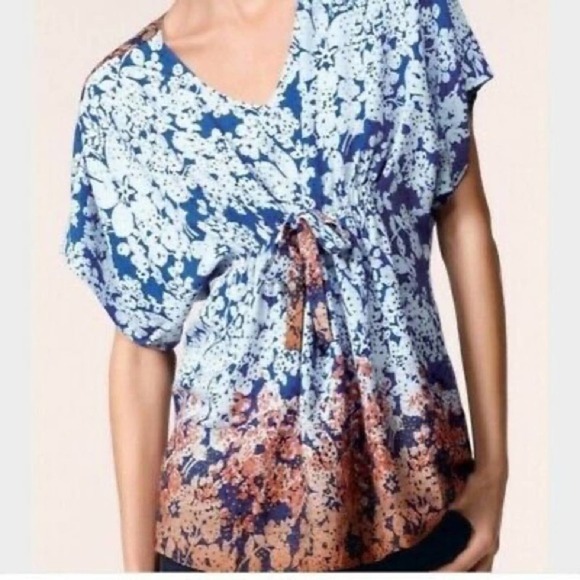 Cabi Loose Blue Floral Kimono Tie Front Blouse S Small - Picture 7 of 7